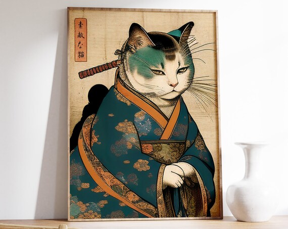 Samurai Cat Japanese Ukiyo E Style Poster With Sword and Kimono Art