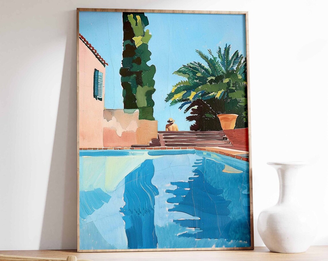 Blue Swimming Pool Mediterranean Villa Painting Poster Summer Swim Art