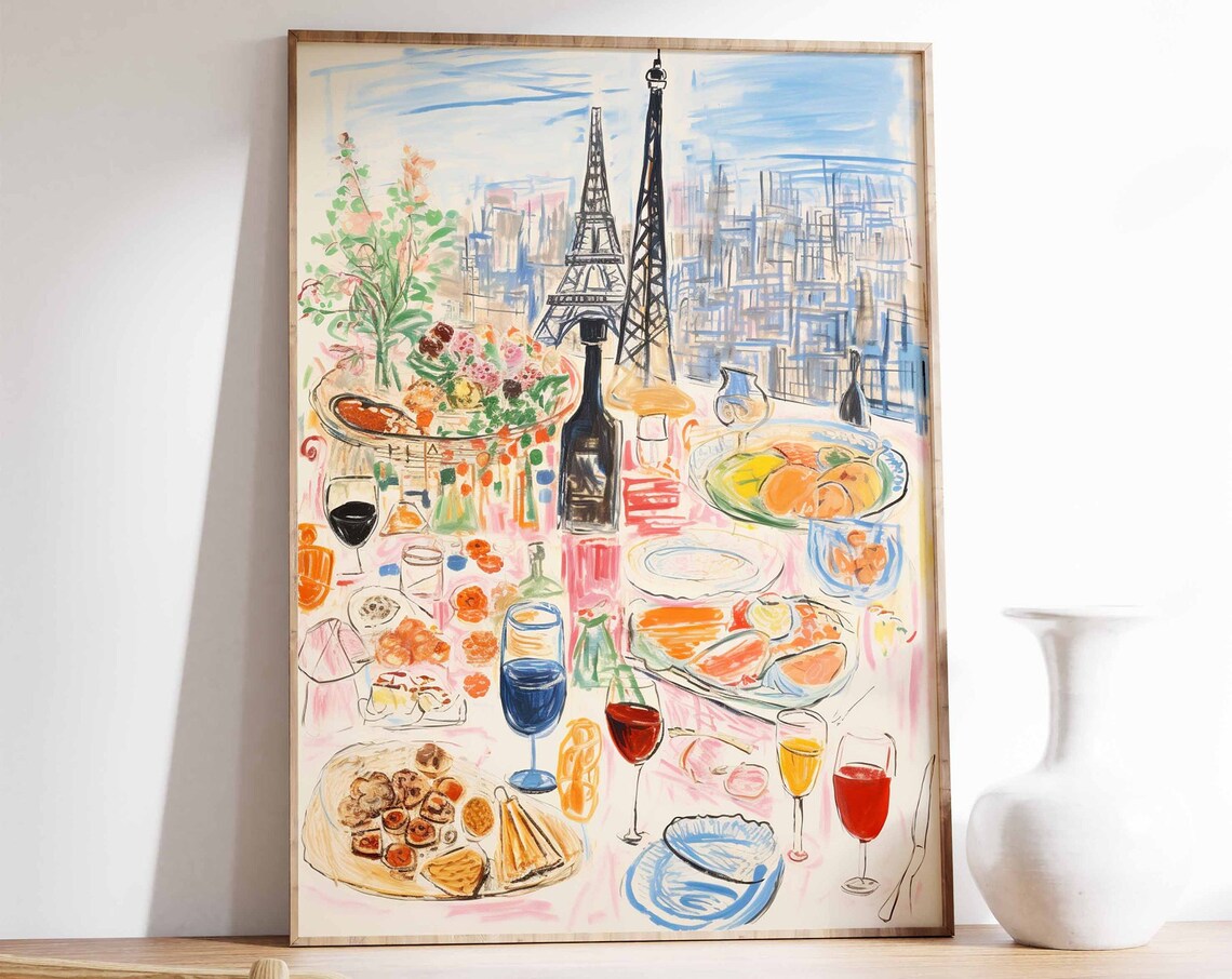 Parisien Dinner Party Food Print, Vintage Kitchen Poster