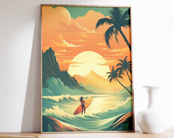 Retro Surf Print Surfing Poster Vintage Sunset Surfing Decor Beach Poster Beach Print Adventure Art Outdoors Poster Surf Gift
