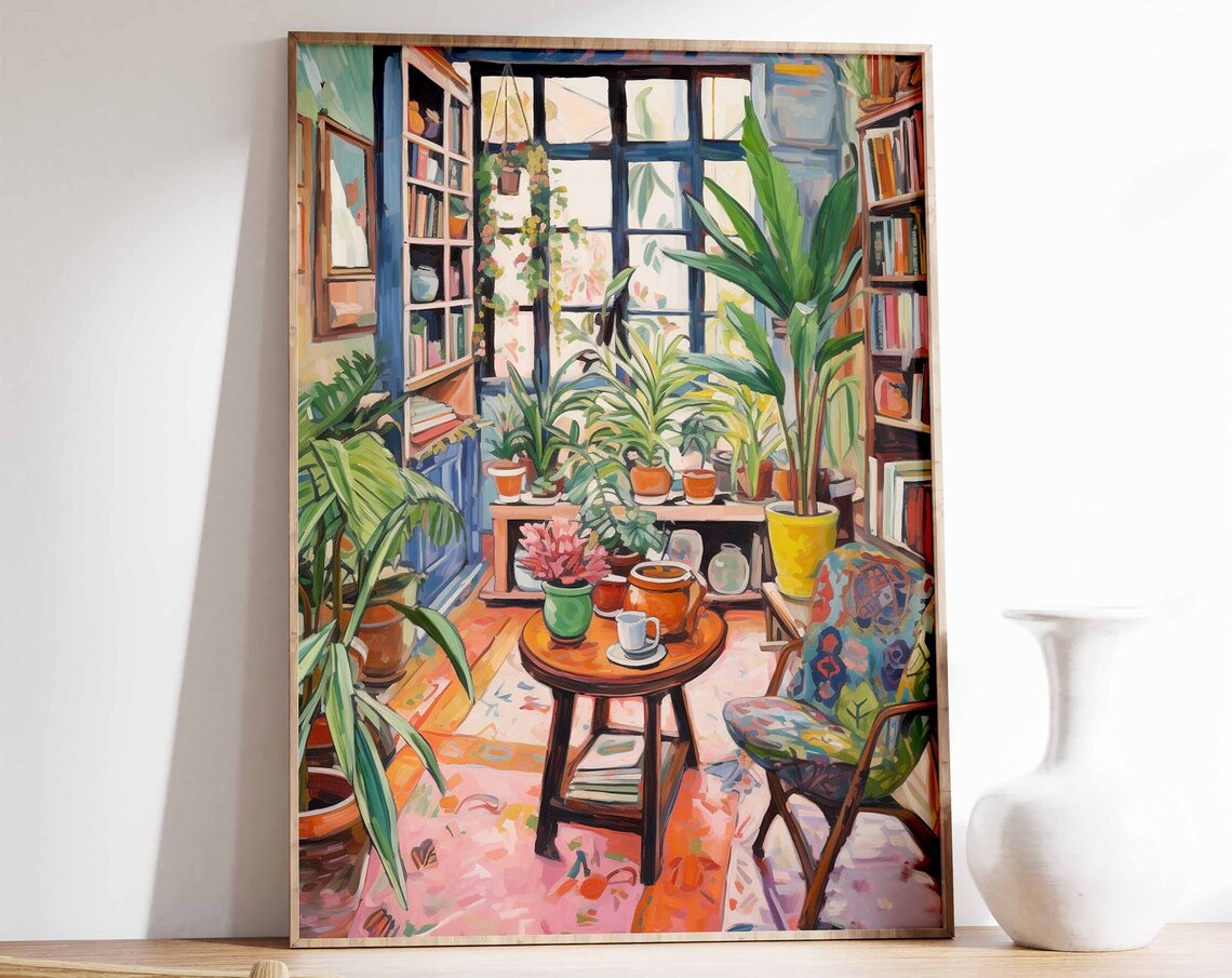 Cozy Plant Filled Sunroom Library Reading Nook Colorful Art Print