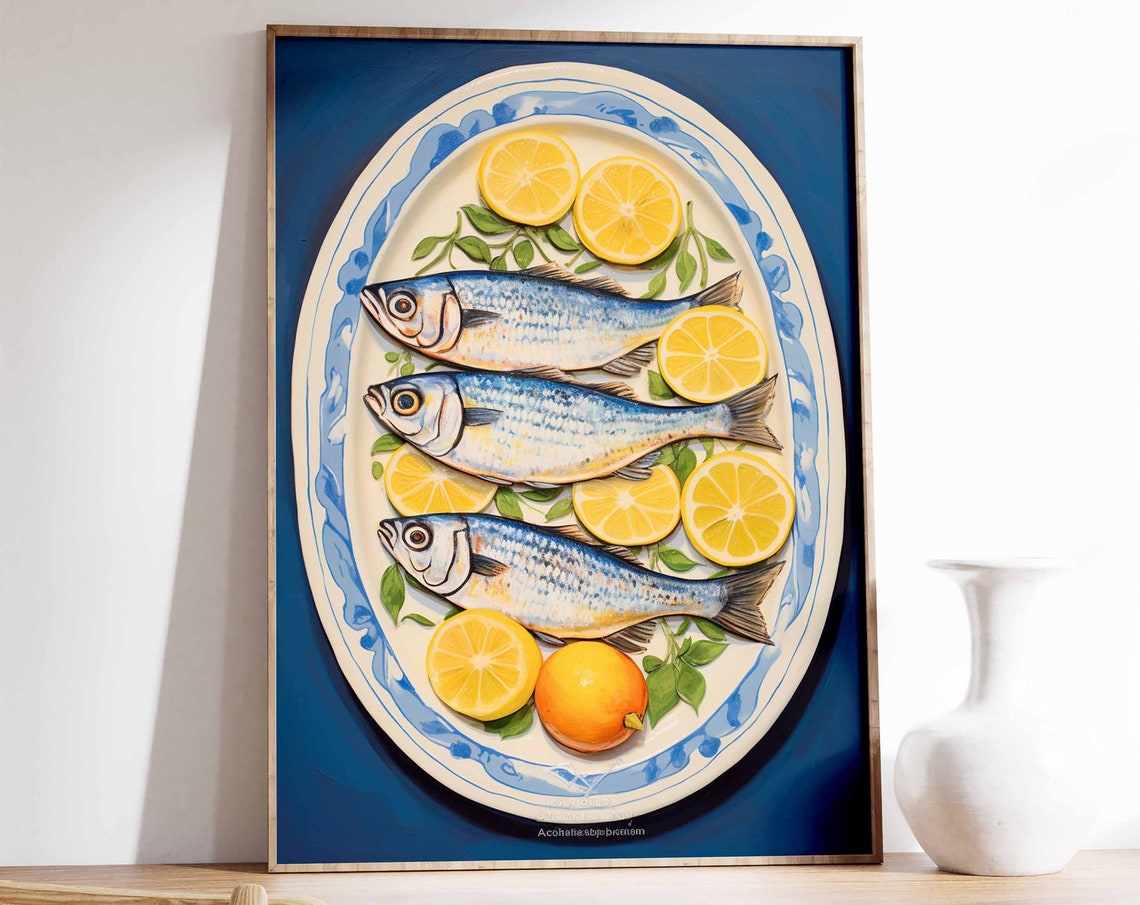 Sardines and Lemons Vintage Seafood Kitchen Food Illustration Poster