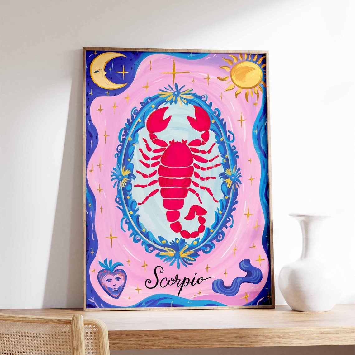 Scorpio Zodiac Scorpion Ornate Blue Frame Pink Celestial Poster