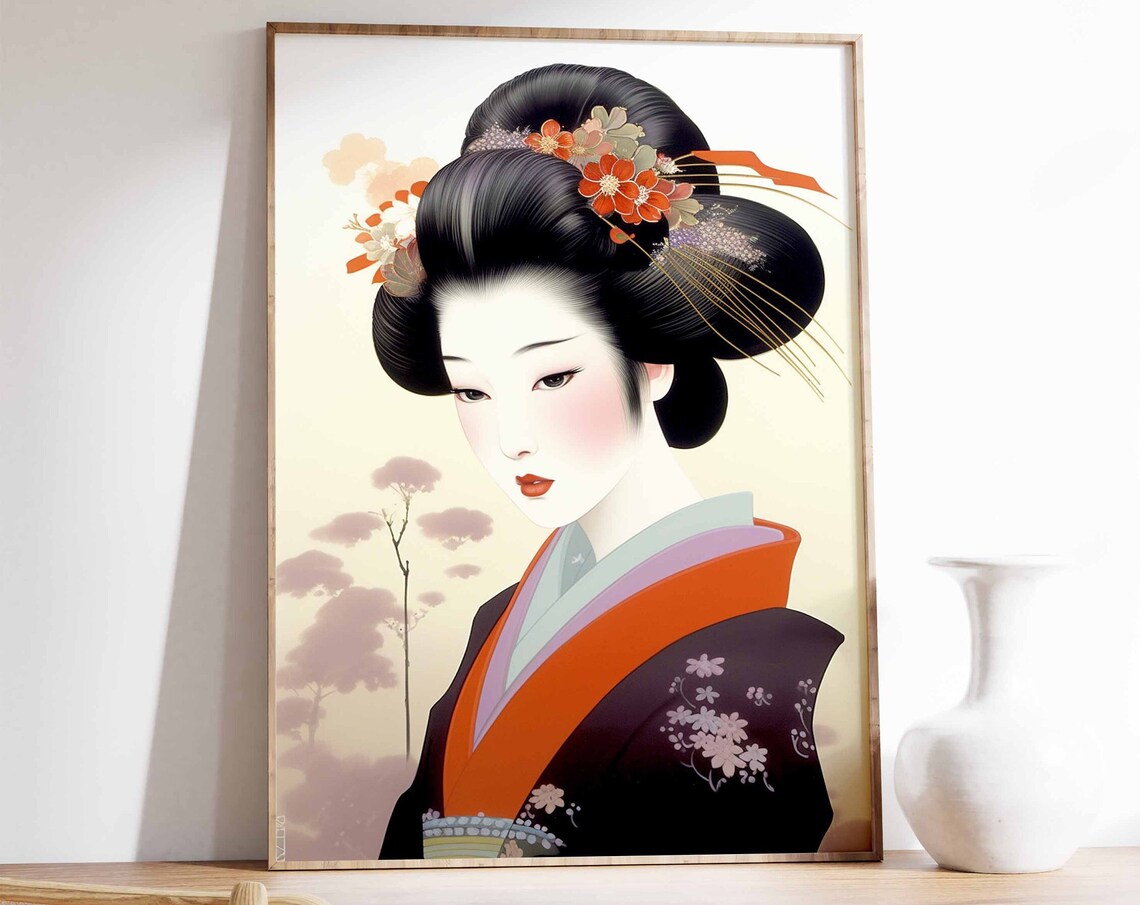 Japanese Geisha Elegant Kimono Portrait Traditional Beauty Poster