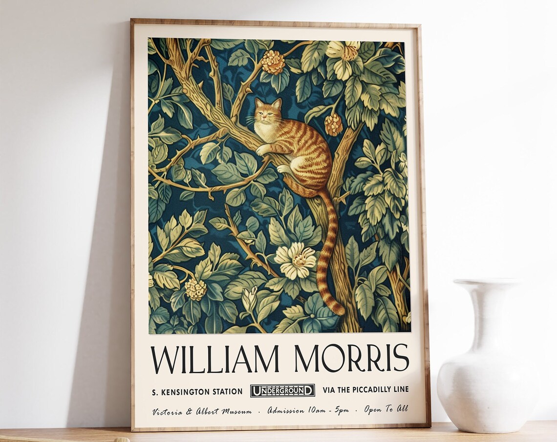 William Morris Cat Poster, Floral Cat Art Print