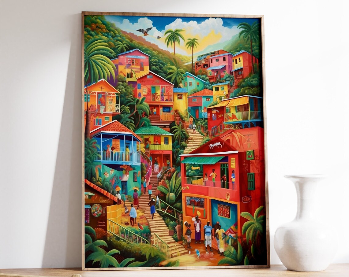 Caribbean Tropical Scenery Art Print, Floral Decor