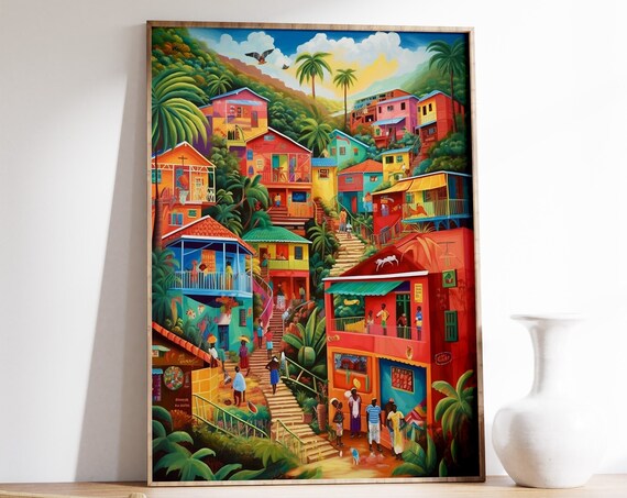 Caribbean Tropical Scenery Art Print, Floral Decor