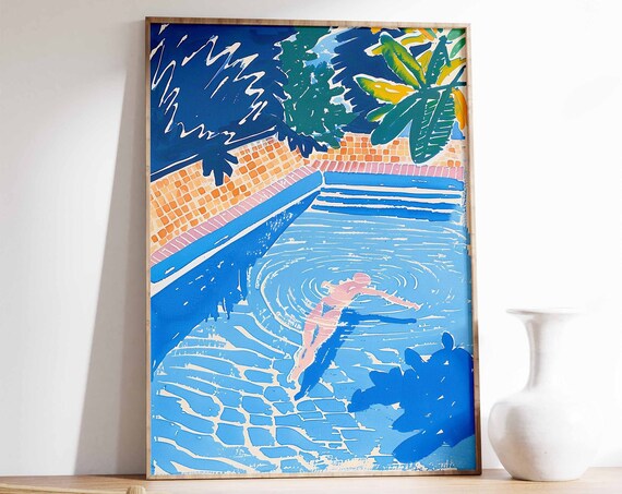 Swimming Pool Print Swimming Poster Tropical Decor Blue Art Print Botanical Print Summer Art Swimming Gift Water Art
