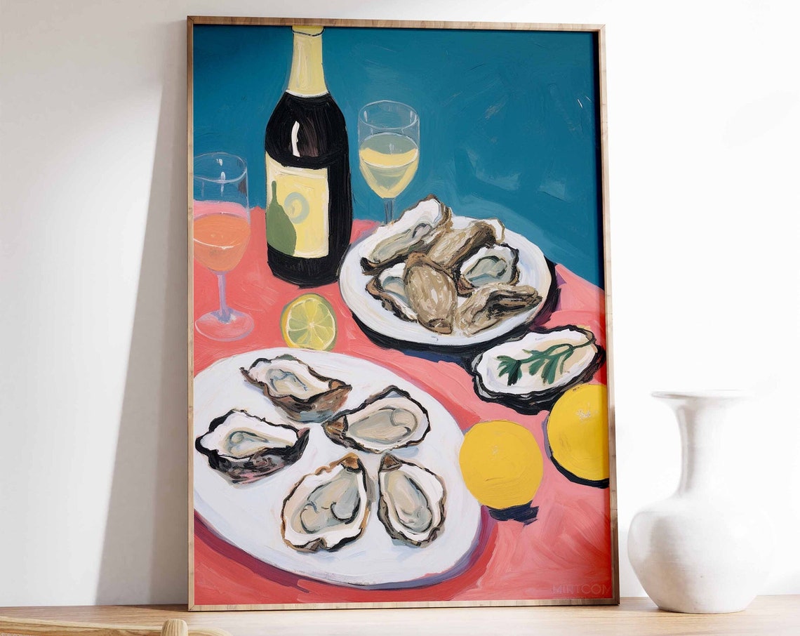 Oysters and Wine Still Life Coastal Seafood Painting Kitchen Poster