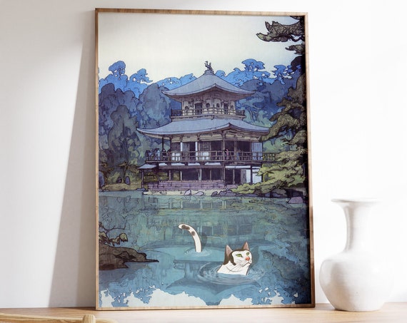 Japanese Cat Poster Japanese Cat Art Print Wall Art Decor Exhibition Poster Print Golden Pavilion By Hiroshi Yoshida Floral Print Gift