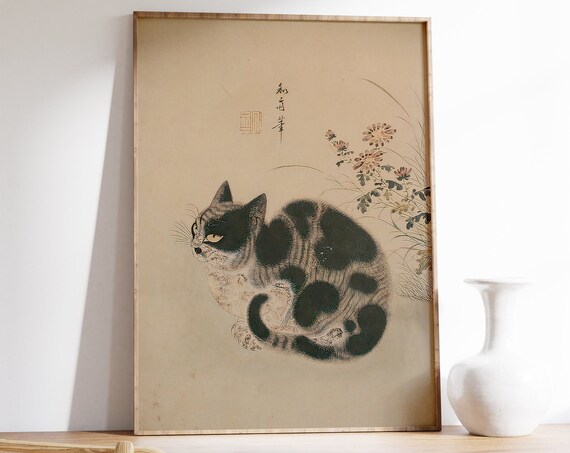 Japanese Vintage Cat Painting with Chrysanthemum Blossom Poster