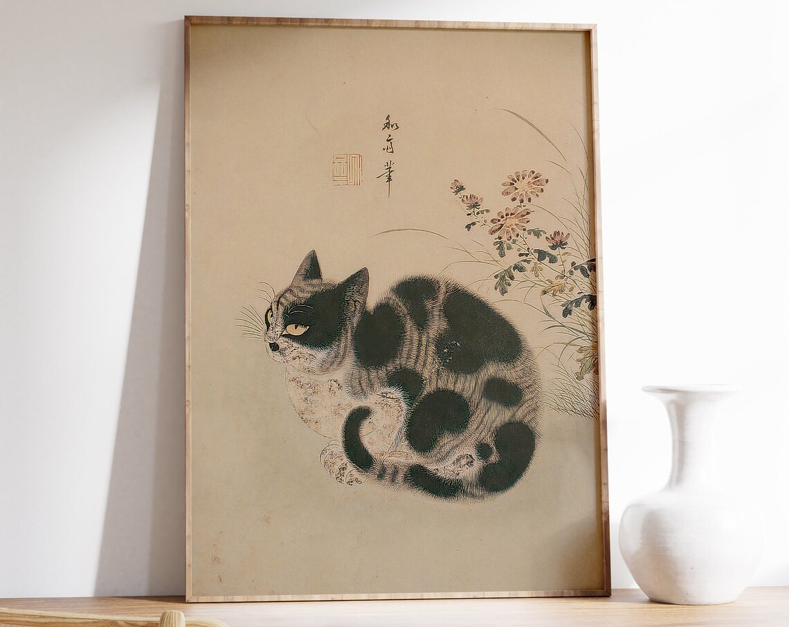 Japanese Vintage Cat Painting with Chrysanthemum Blossom Poster