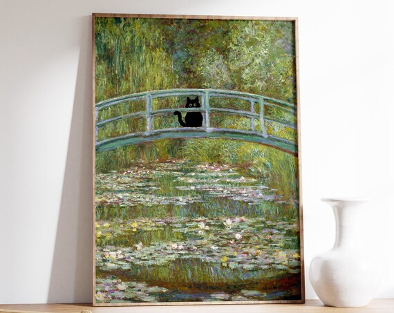 Monet-Inspired Waterlily Bridge Cat Art Print