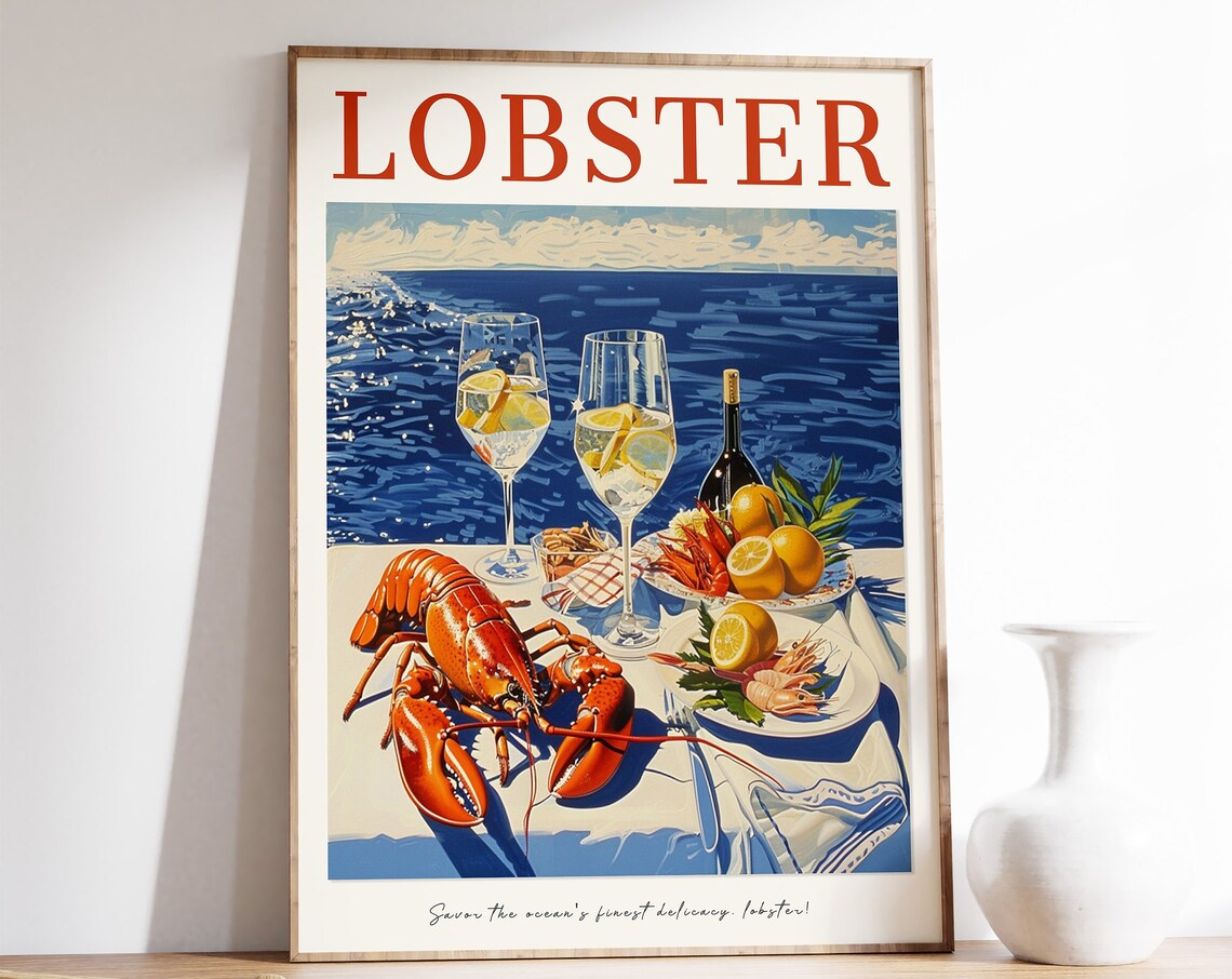 Lobster Seaside Table Red Crustacean Vintage Foodie Art Poster