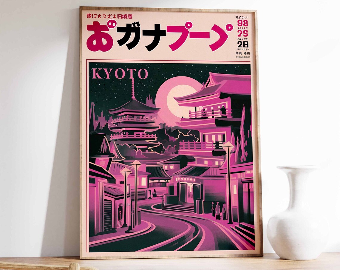 Retro Kyoto Japan Night Pagoda Magenta Travel Art Wall Poster