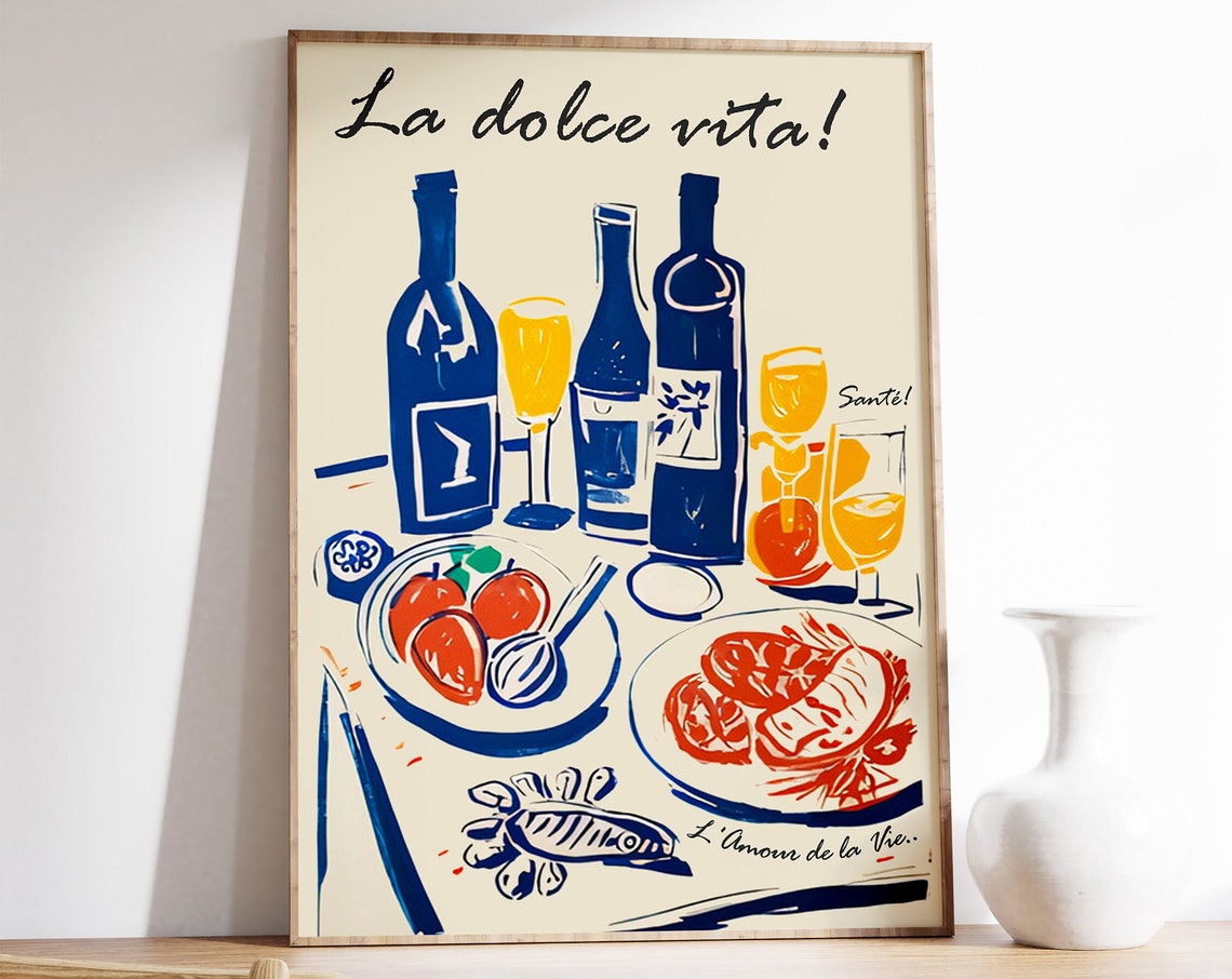 La Dolce Vita Italian Wine Dinner Feast Art Illustration Poster