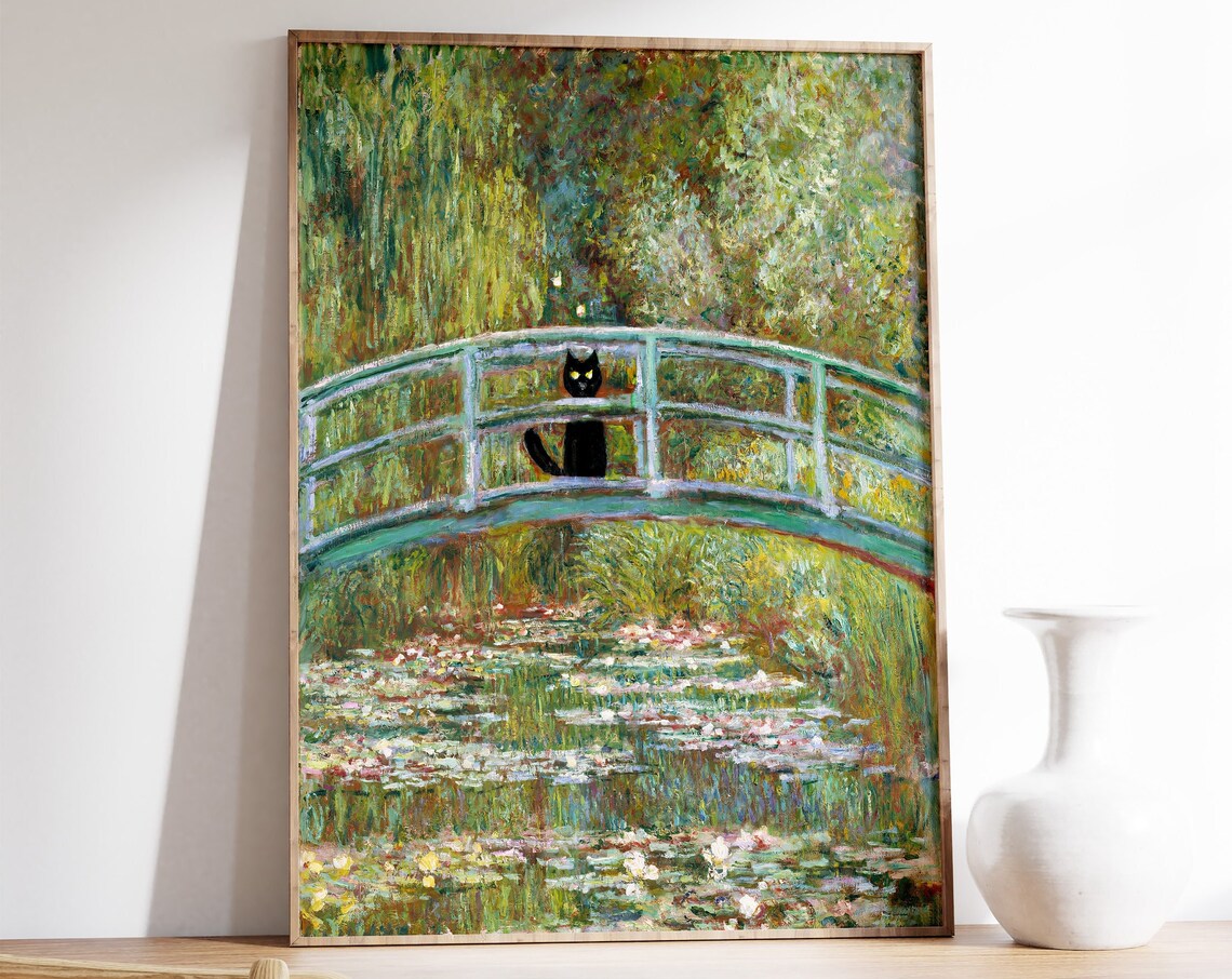 Monet-Inspired Waterlily Cat Poster, Floral Decor