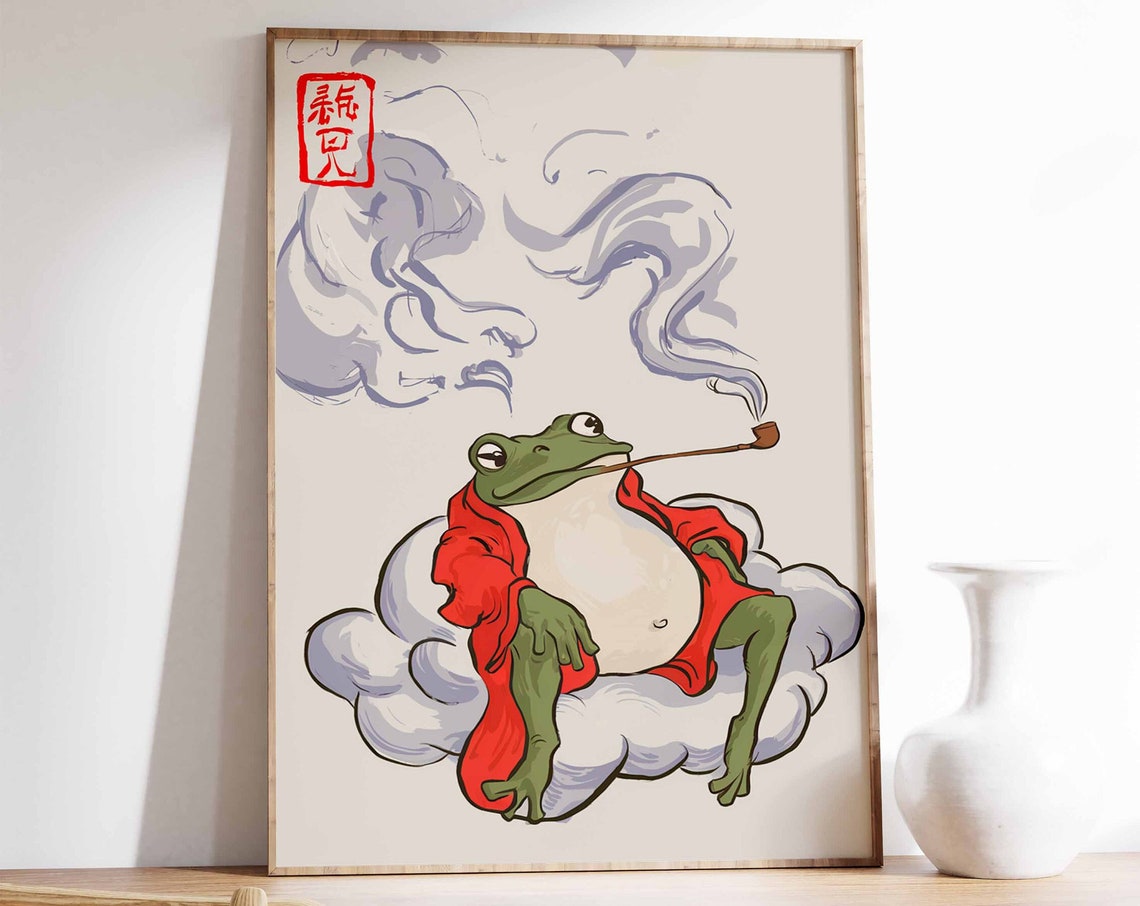 Japanese Frog Smoking Pipe Red Robe Vintage Illustration Poster