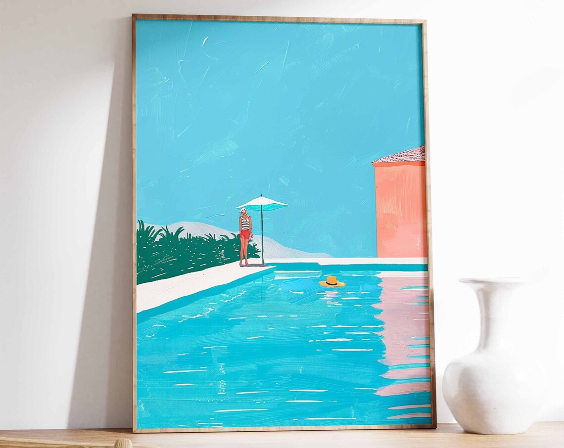 Minimalist Swimmer Red Swimsuit Turquoise Pool Summer Art Poster