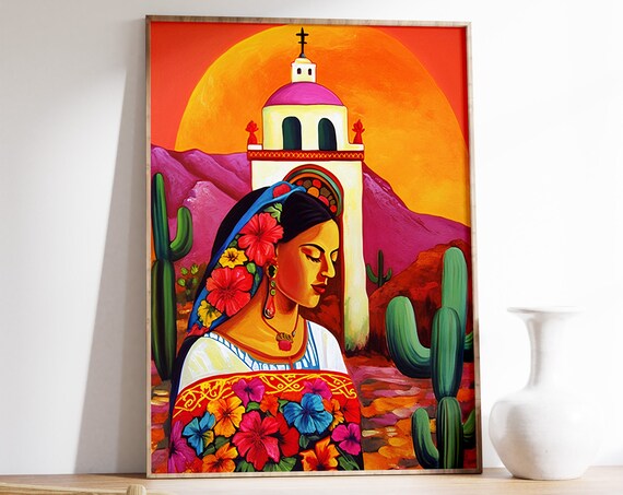 Mexican Woman in Floral Folk Dress with Mission Church Poster