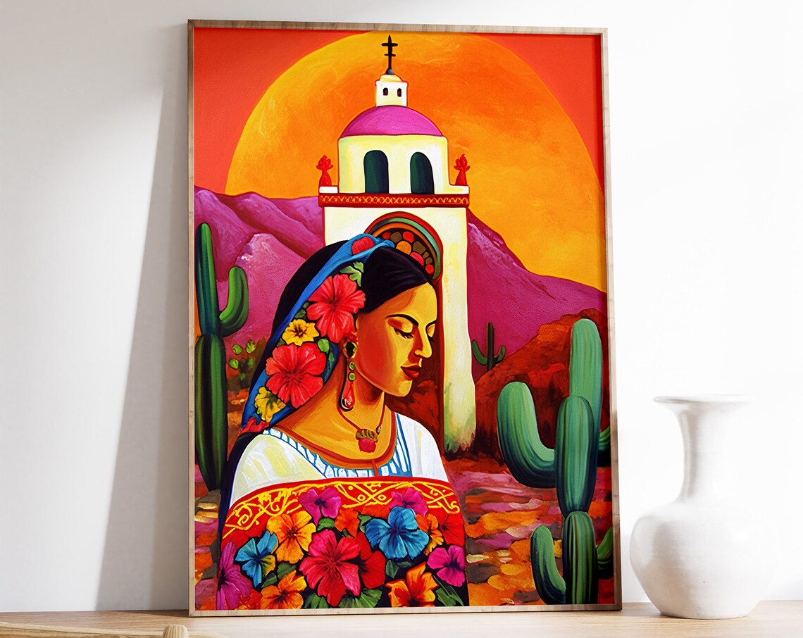 Mexican Woman in Floral Folk Dress with Mission Church Poster