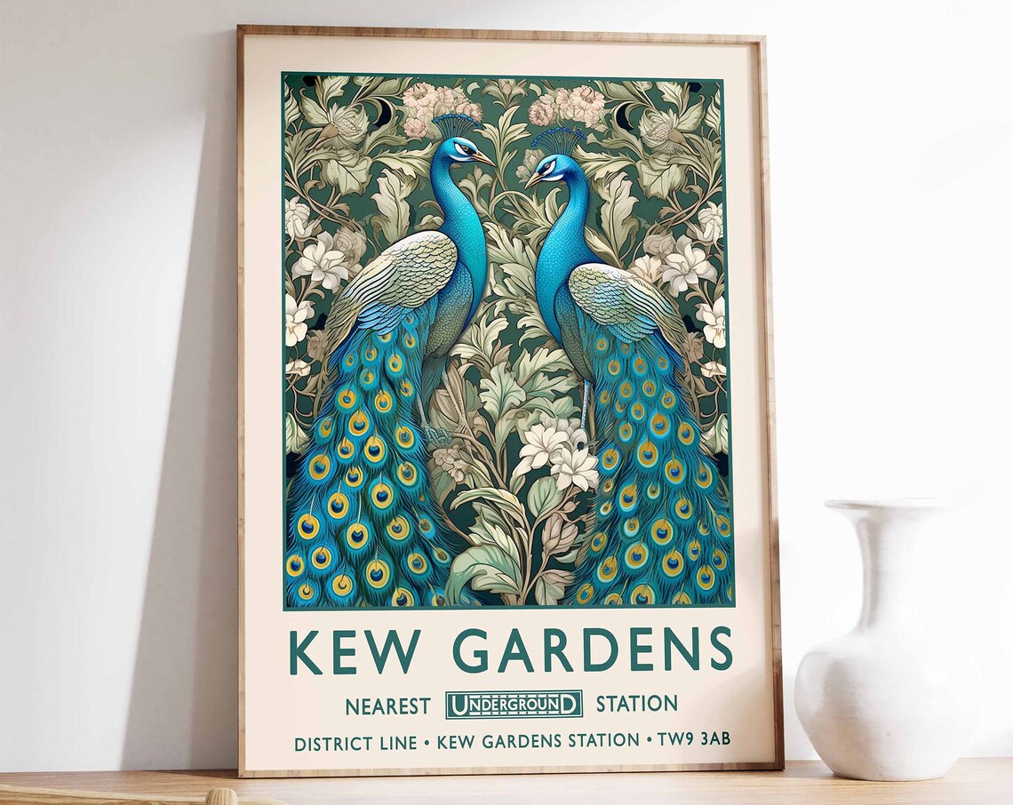 Kew Gardens Twin Peacocks Arts and Crafts Floral Vintage Poster