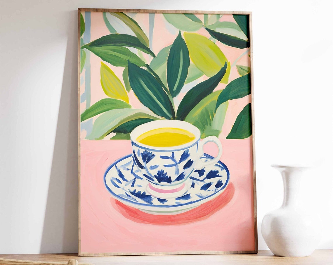 Retro Floral Coffee Cup Illustration Blue White Pink Wall Art