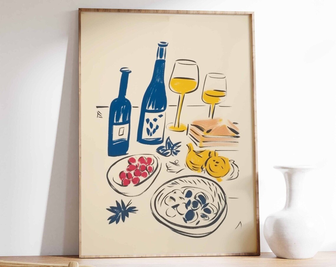 Wine and Food Still Life Illustration Kitchen Vintage Art Poster