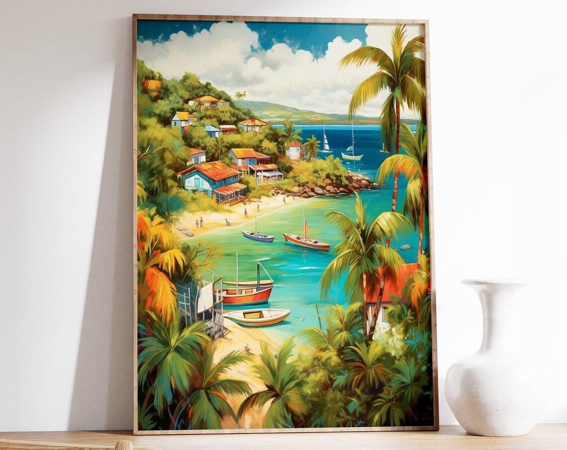 Caribbean Tropical Bay Colorful Seaside Village Houses Wall Art