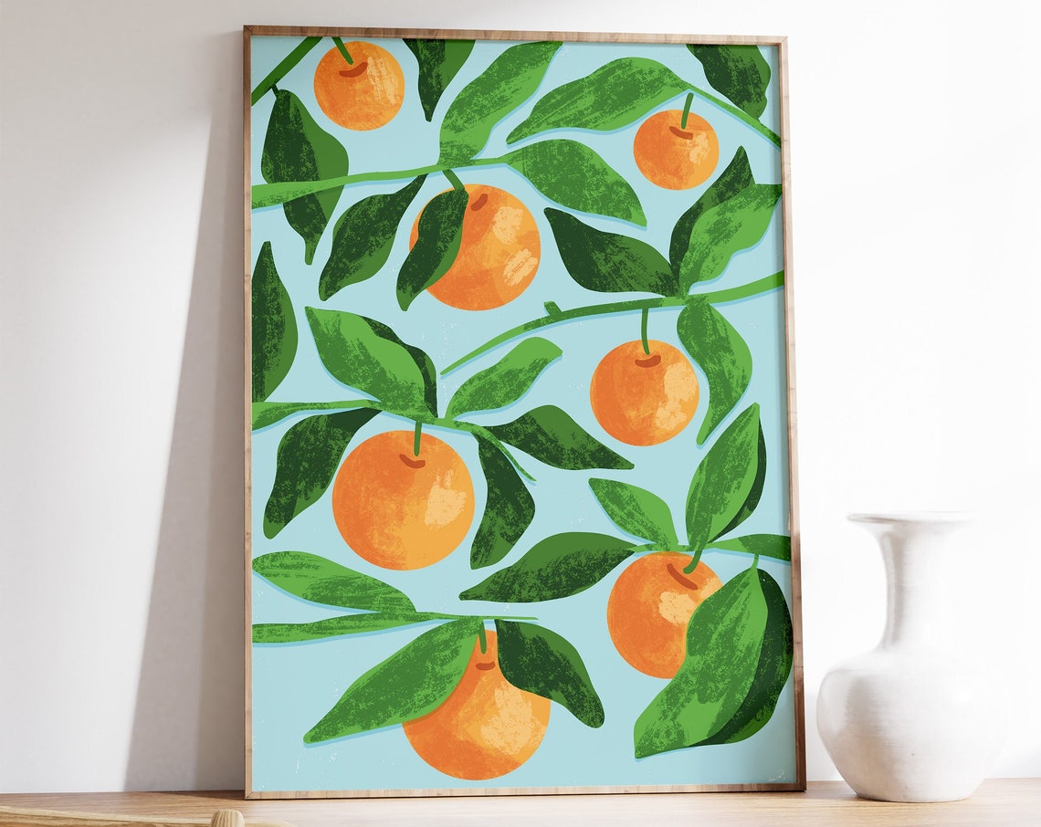 Retro Orange Citrus Vintage Branch Pattern Art Classic Print