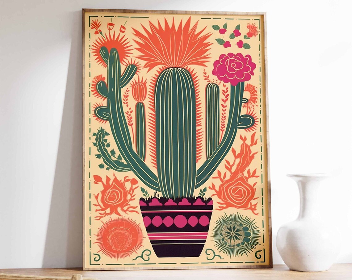 Colorful Mexican Cactus Folk Art Botanical Wall Decor Poster