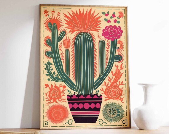 Colorful Mexican Cactus Folk Art Botanical Wall Decor Poster
