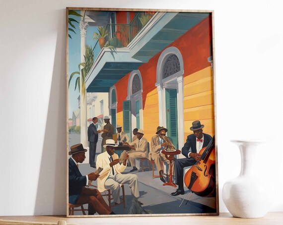 Jazz Musicians Street Cafe Art Print Trumpet Bass Band Decor