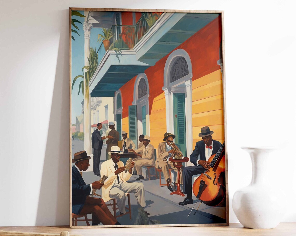 Jazz Musicians Street Cafe Art Print Trumpet Bass Band Decor