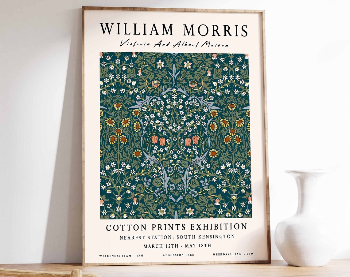 William Morris Teal Floral Cotton Prints Exhibition Art Poster