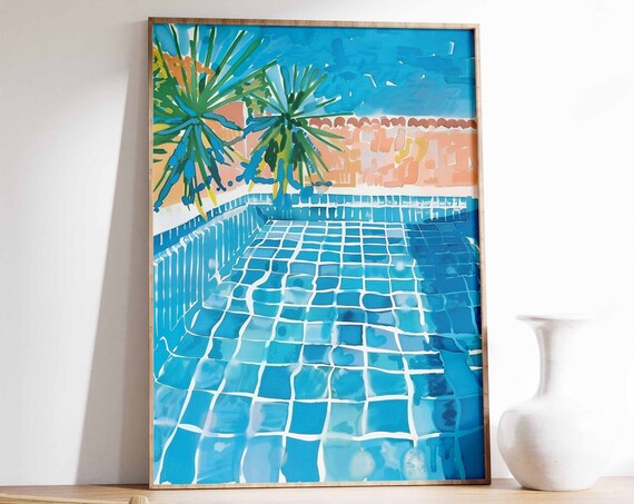 Swimming Pool Print Swimming Poster Tropical Decor Blue Art Print Botanical Print Summer Art Swimming Gift Water Art