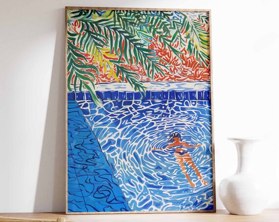 Swimming Pool Print Swimming Poster Tropical Decor Blue Art Print Botanical Print Summer Art Swimming Gift Water Art