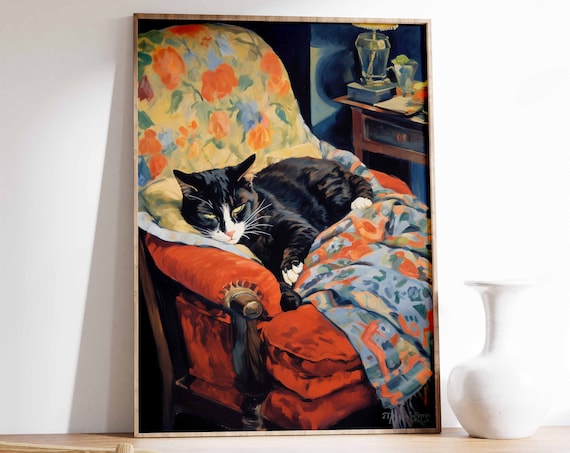 Black Cat Napping On Floral Armchair Oil Painting Pet Portrait Poster
