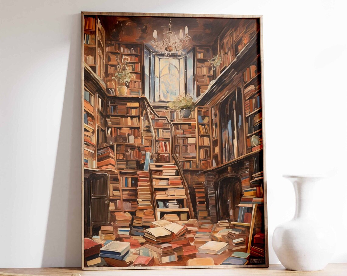 Vintage Library Oil Painting Book Lovers Reading Gift Art Poster