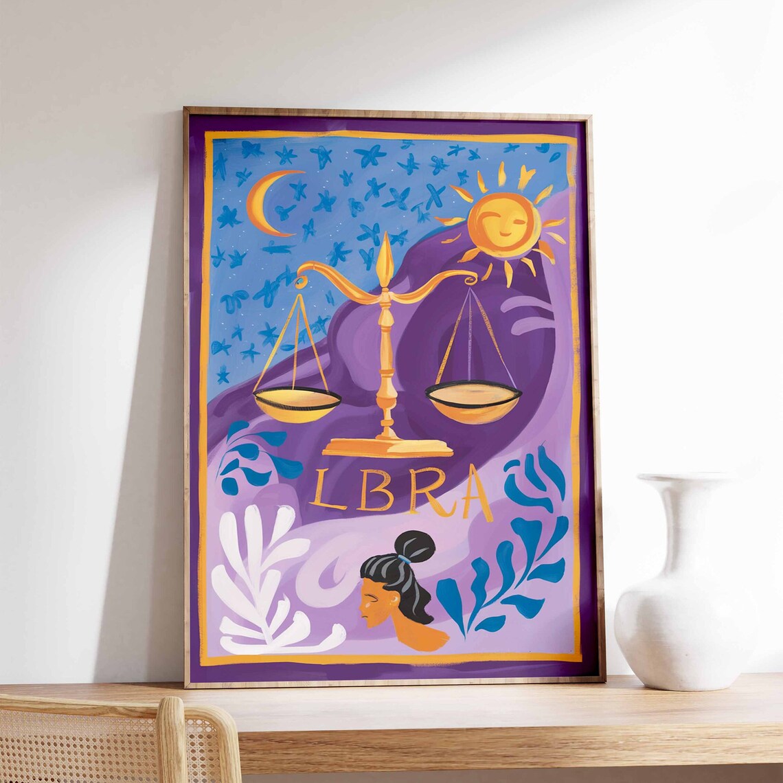 Libra Zodiac Gold Scales Purple Sky Moon Sun Woman Art Poster