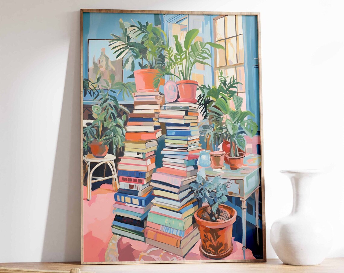Towering Book Stacks Lush Houseplants Colorful Maximalist Poster