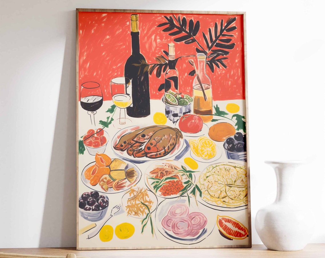 Mediterranean Feast Table Wine and Seafood Painting Kitchen Poster