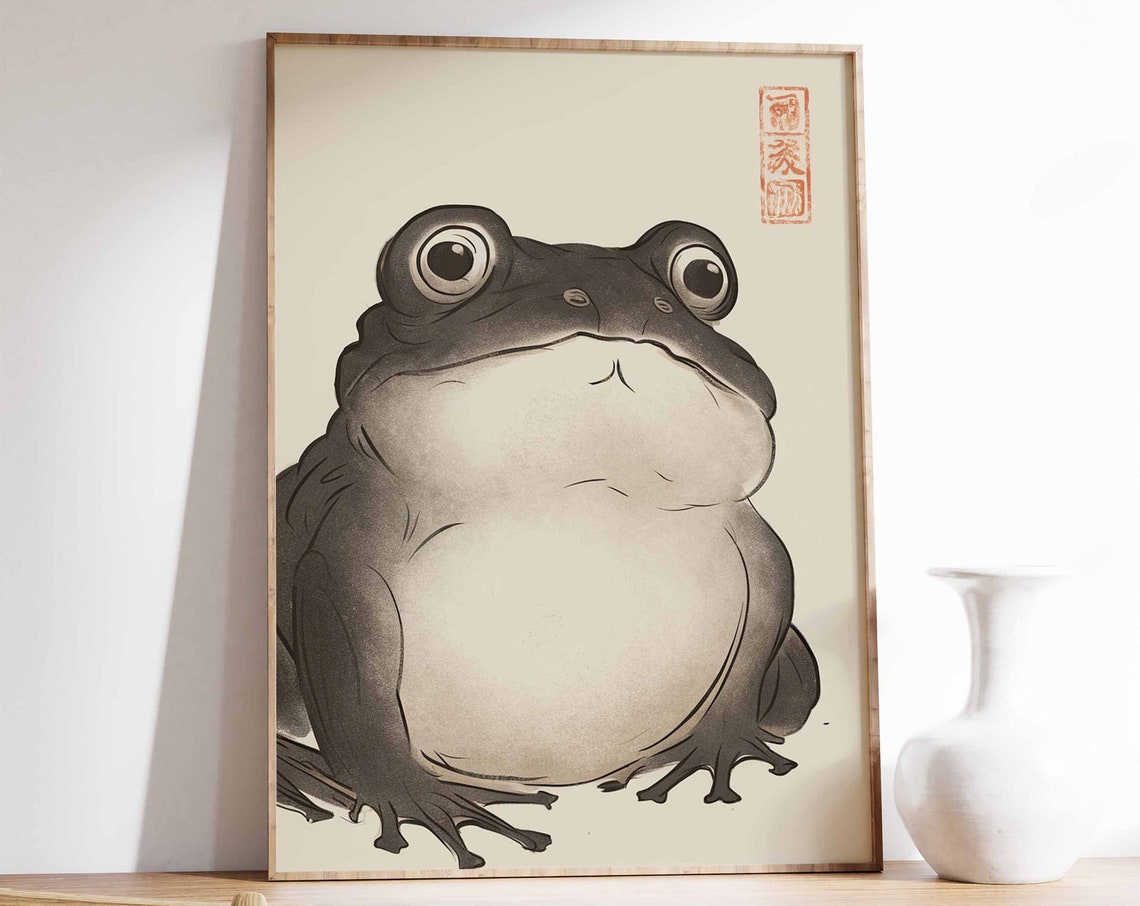 Grumpy Black Toad Frog Ink Painting Japanese Humor Art Print
