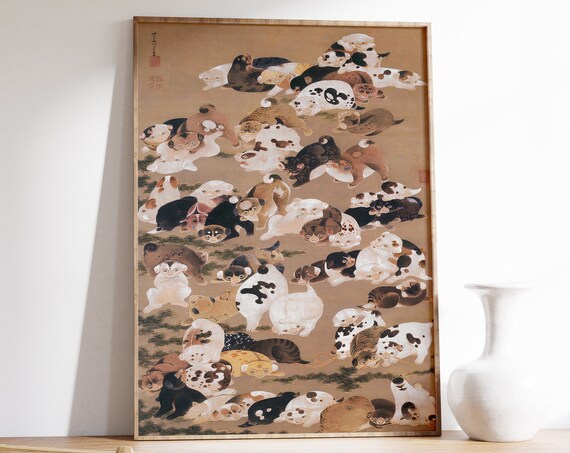 Japanese Hundred Dogs Playful Puppy Circle Classical Art Poster