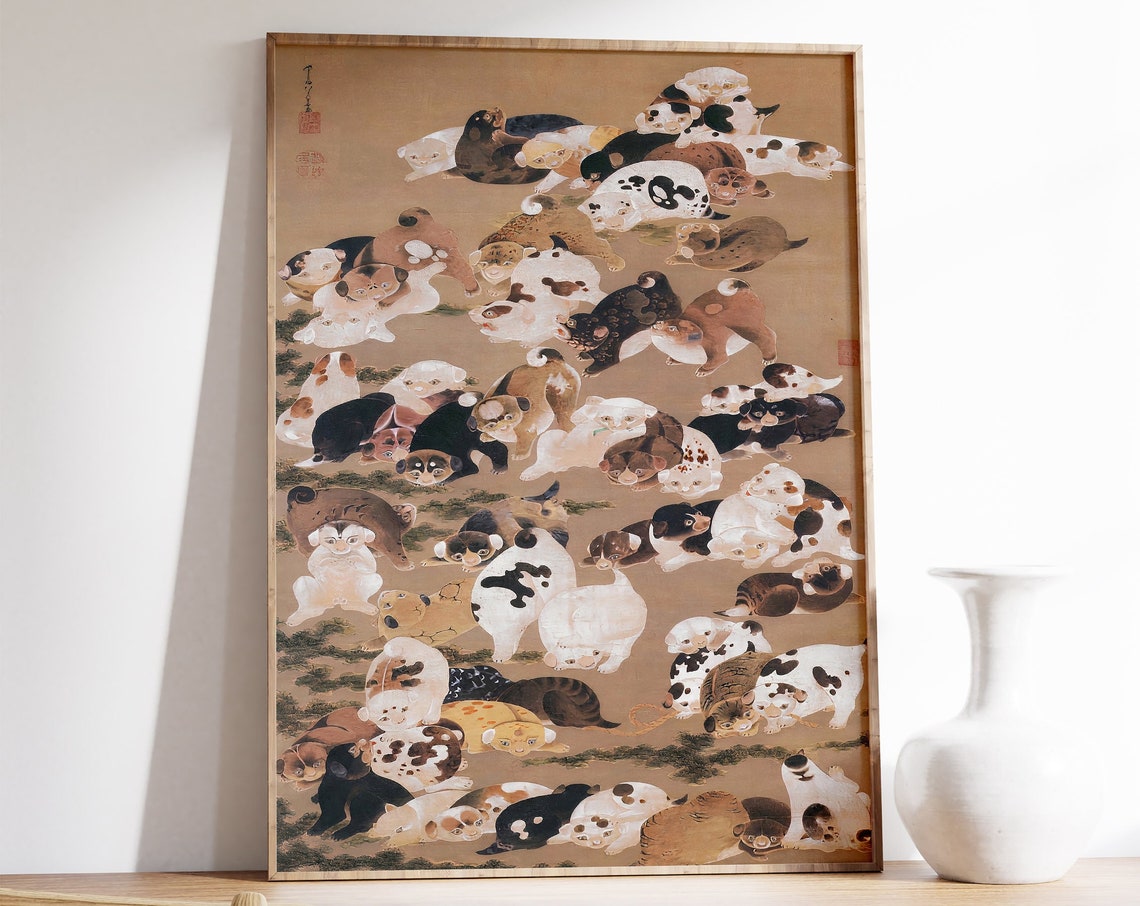 Japanese Hundred Dogs Playful Puppy Circle Classical Art Poster