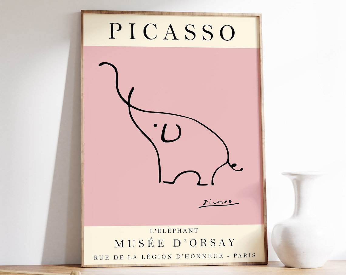 Picasso The Elephant Line Drawing Pink Modern Art Exhibition Poster