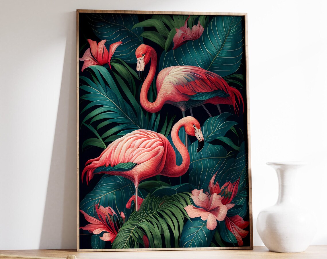 Pink Flamingo Pair Tropical Jungle Leaves Floral Bird Wall Art