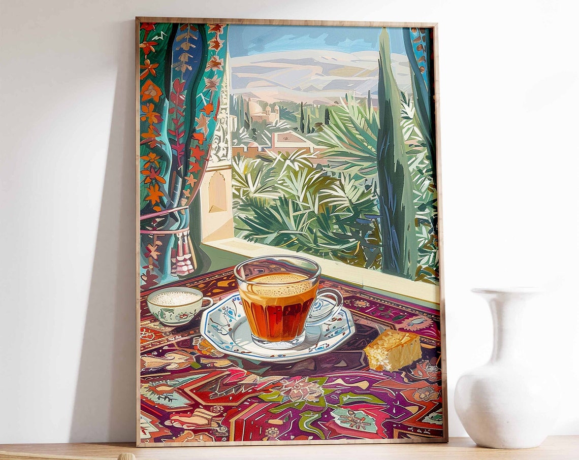 Amber Tea Glass Palms Window View Vibrant Patterned Wall Art