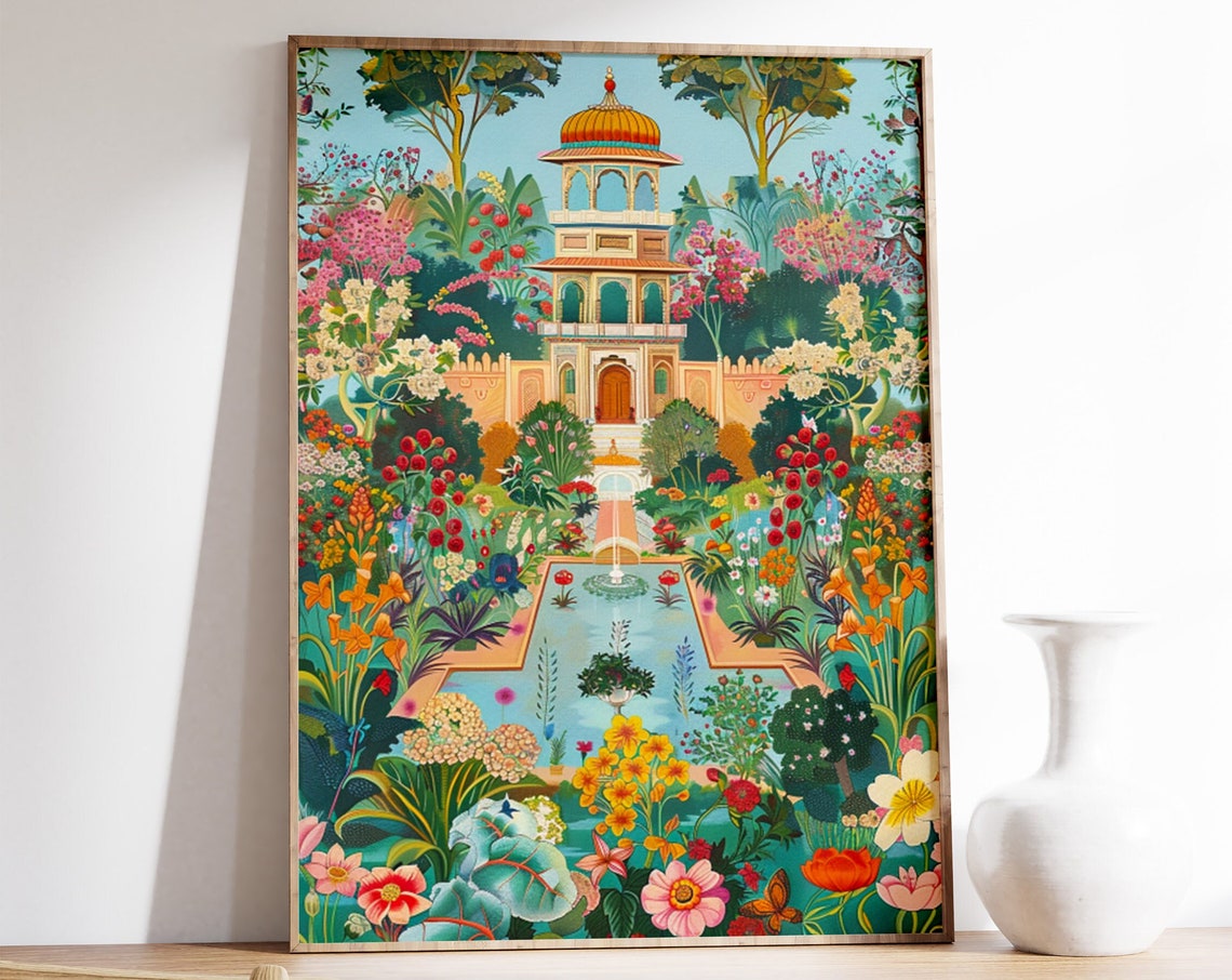 Vibrant Indian Palace Floral Garden Botanical Illustration Wall Art