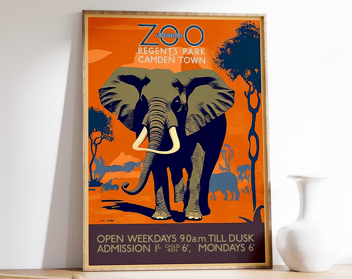 Vintage London Underground Zoo Elephant Retro Travel Poster Art